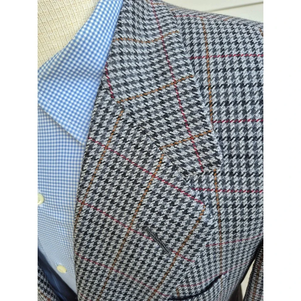 Oxxford Clothes Made By Hand Grey Houndstooth‎ Windowpane Sport Coat Sz 40 S R